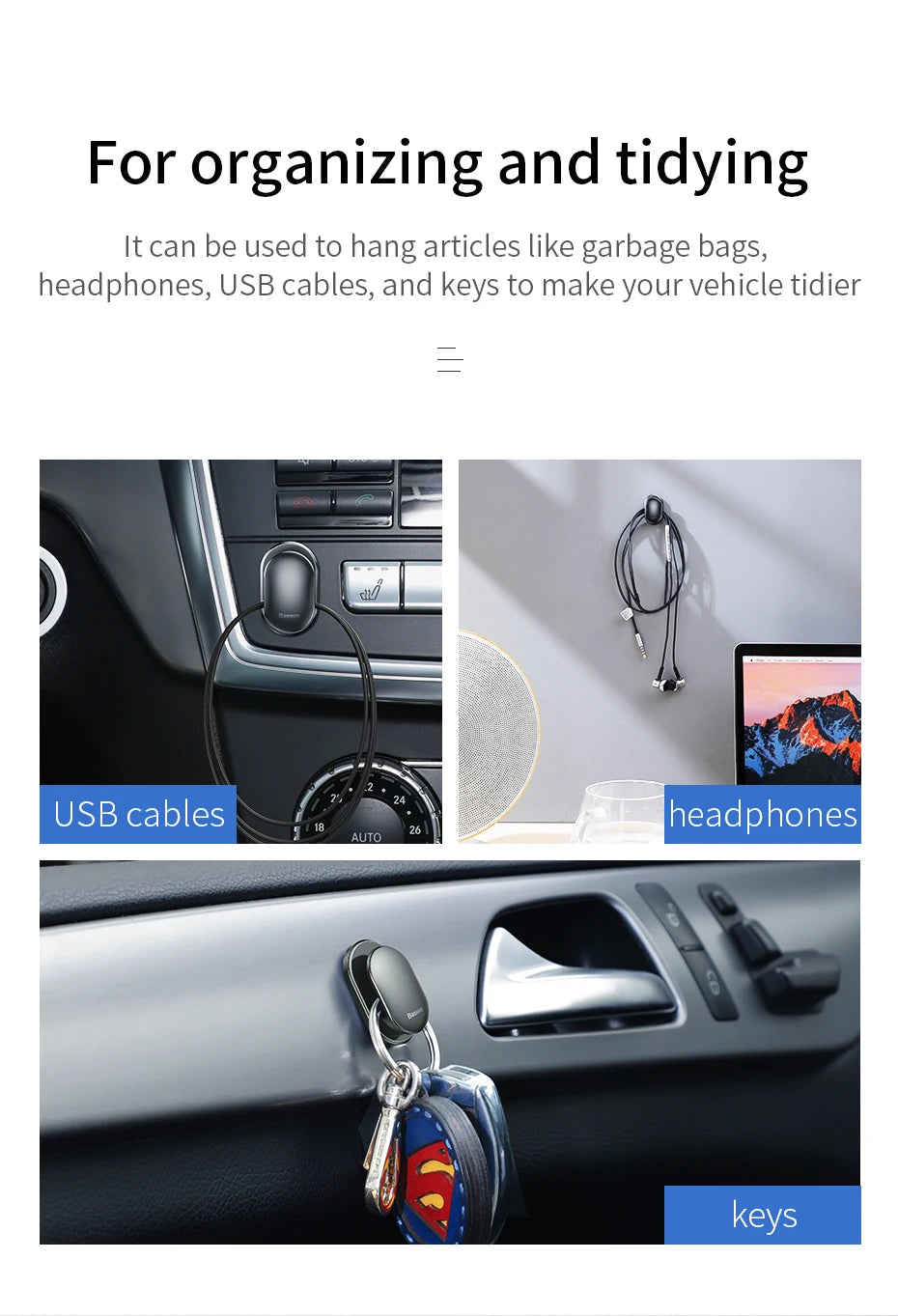 Baseus 4Pcs/Lot Car Hooks Organizer Storage Hanger for USB Cable Headphone Key Storage Car Accessory Car Adhesive Hook Hanger
