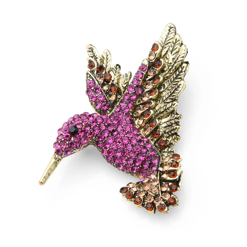 Wuli&baby Pink Blue Rhinestone Hummingbird Brooches Women Men Vintage Animal Brooch Pins Gifts
