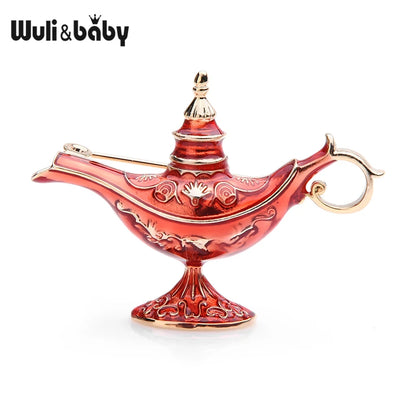 Wuli&baby Red Blue Enamel Aladdin Magic Lamp Light Brooches Women Men 2019 New Fashion Weddings Party Brooch Pins Gifts