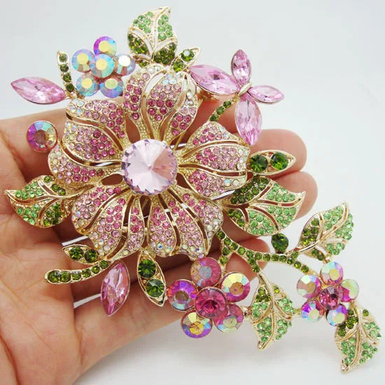 Big New Elegant Pink Crystal Flower Brooch Rhinestone Pin Romantic Wedding Bride Bridesmaid Large Brooches For Woman Jewelry