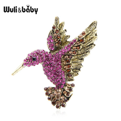 Wuli&baby Pink Blue Rhinestone Hummingbird Brooches Women Men Vintage Animal Brooch Pins Gifts