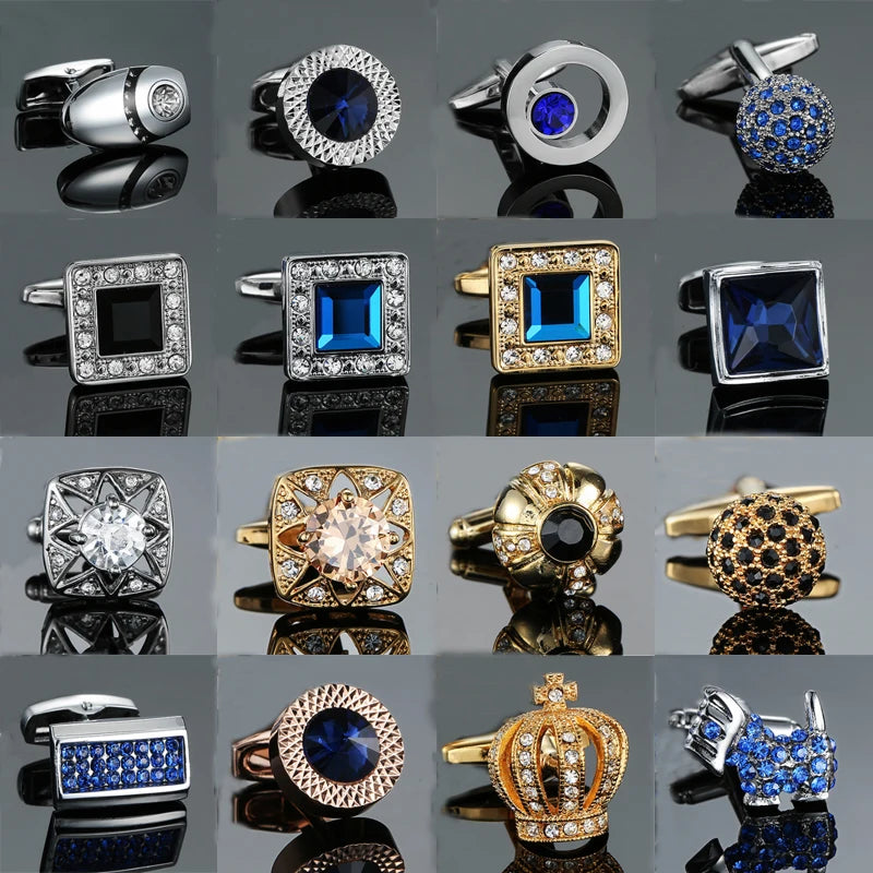 Novelty Luxury Blue White Crystal Cufflinks for Mens  Brand High Quality Design gold silvery Cuffbutton Shirt  Jewelry