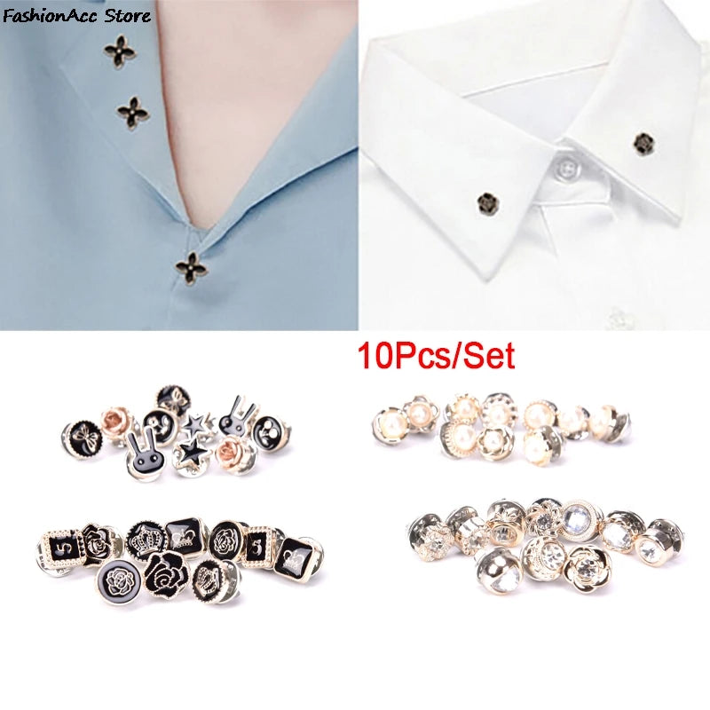 10Pcs/Set Women Suit Sweater Lapel Pin Brooches Collar Badge Jewelry Mini Cute Pins Button Flower Pearl Rhinestones Brooch Set