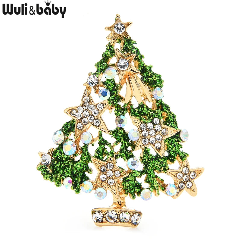 Wuli&baby Green Rhinestone Star Christmas Tree Brooches Women Men Party New Year Brooch Pins Gifts