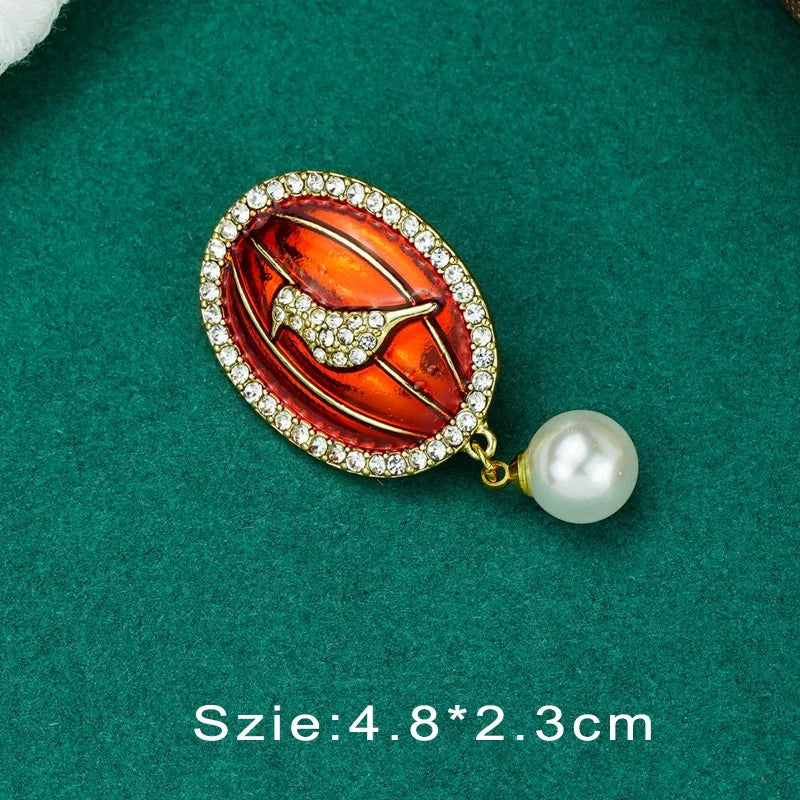 Vintage Palace Plant Flower Baroque Brooch Red Enamel Pearl Brooch Pin Woman Girl Party Accessories