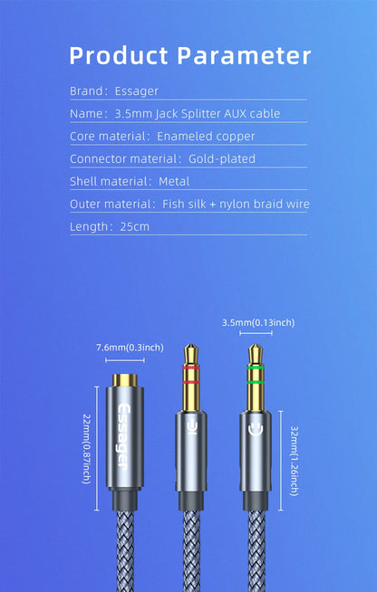 Essager Headphone Audio Splitter 3.5mm Female to 2 3.5 mm Jack Male Aux Cable For Computer Speaker Mic Y Splitter to PC Adapter