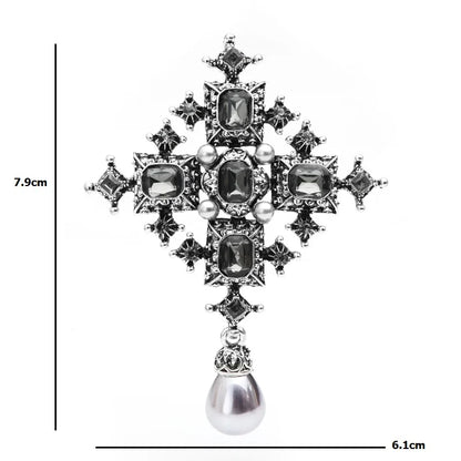 2019 Cross Brooches Unisex Women Vintage Crystal Simualted-Pearl Royal Suit Pins Jewelry Gift