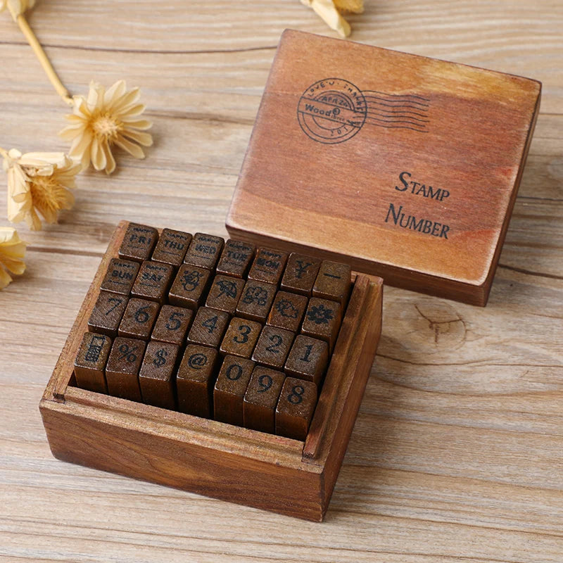Journal Go 28pcs Alphabet Number Week Stamps Vintage Wooden Letter Stamp Set for Craft Card Making Planner Scrapbooking Journals