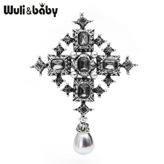 2019 Cross Brooches Unisex Women Vintage Crystal Simualted-Pearl Royal Suit Pins Jewelry Gift
