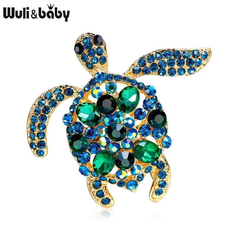 Wuli&baby Green Crystal Sea Turtle Brooch Pins Fashion Jewelry Accessory