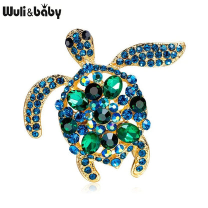 Wuli&baby Green Crystal Sea Turtle Brooch Pins Fashion Jewelry Accessory