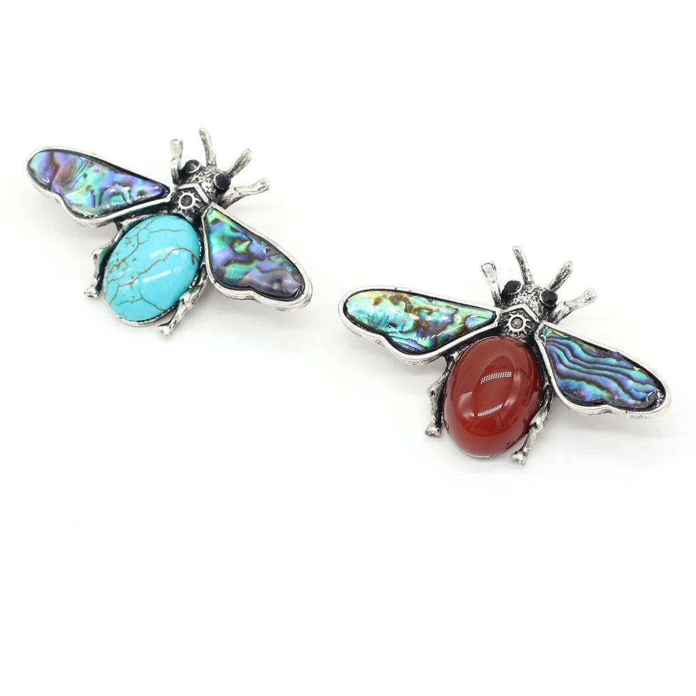 Natural Stone Amethyst Lapis Lazuli Brooches for Women Men Insect Bee Pins for DIY Pendant Necklace Jewelry Brooch Accessories