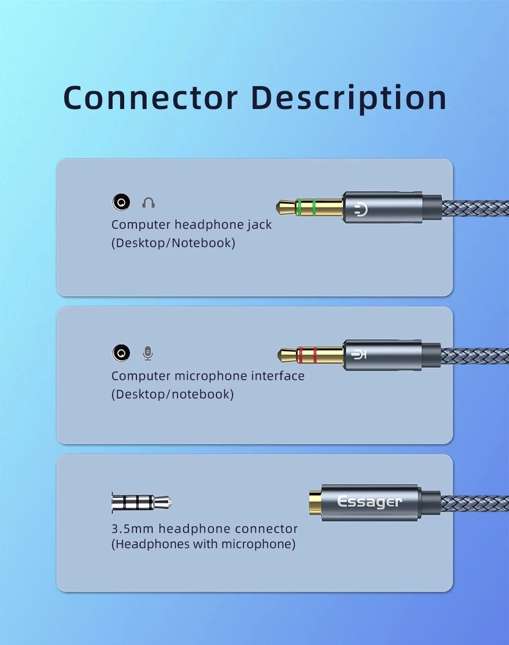 Essager Headphone Audio Splitter 3.5mm Female to 2 3.5 mm Jack Male Aux Cable For Computer Speaker Mic Y Splitter to PC Adapter