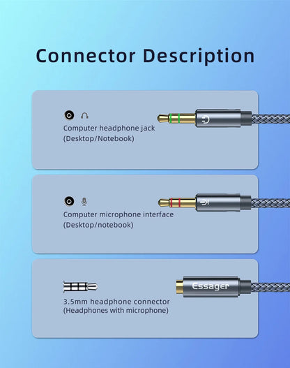 Essager Headphone Audio Splitter 3.5mm Female to 2 3.5 mm Jack Male Aux Cable For Computer Speaker Mic Y Splitter to PC Adapter