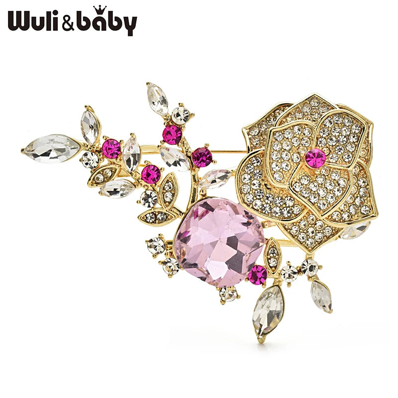 Wuli&baby Luxury Beautiful Flower Brooches For Women Unisex 4-color Rhinestone Rose-flower Elegant Party Office Brooch Pins Gift