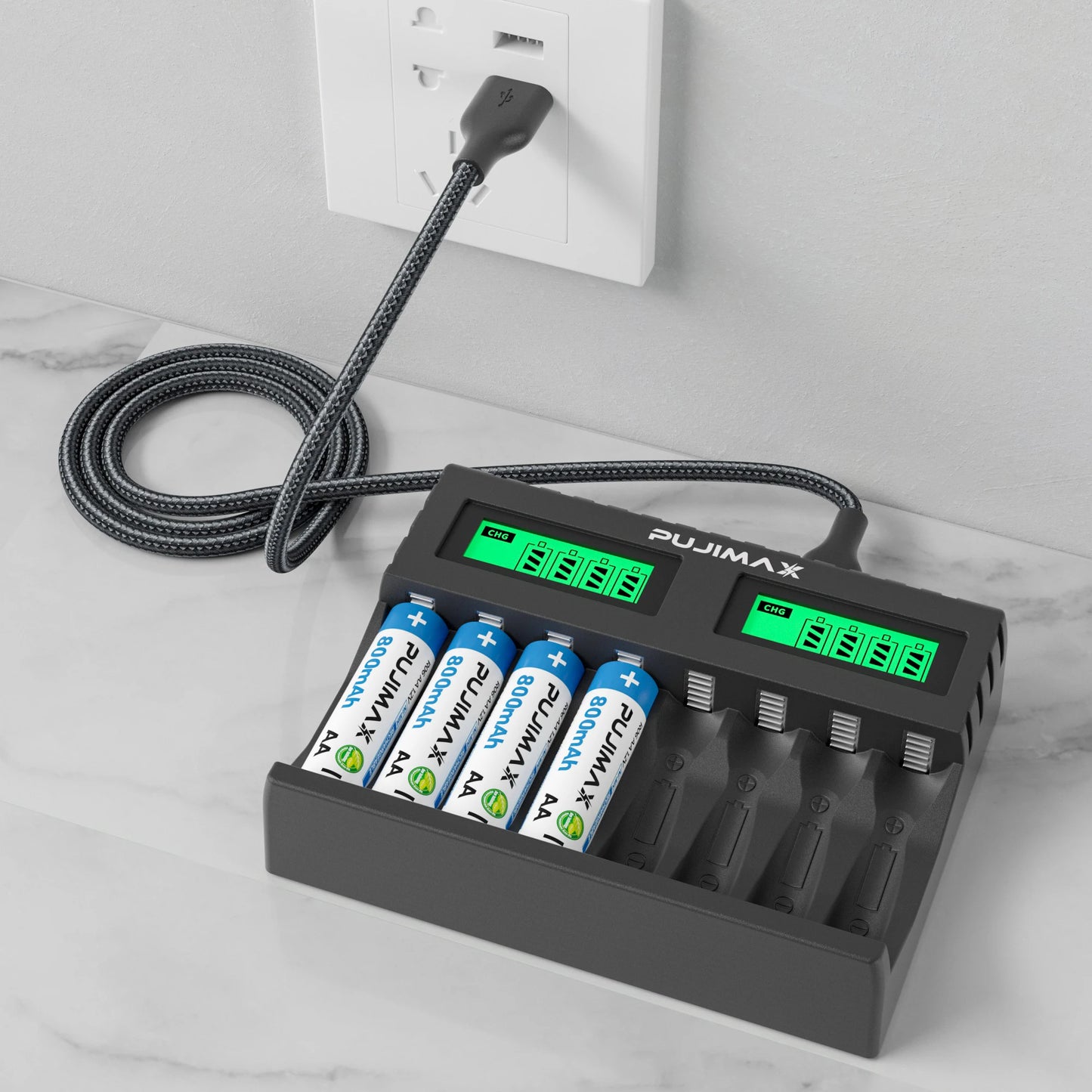 PUJIMAX 8-slot Battery Charger Suitable 1.2V AAA/AA Rechargeable Battery Short Circuit Protection LED Display NiMH/NiCd Charger
