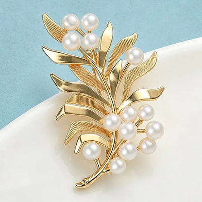 Wuli&baby Charming Pearl Leaf Brooches For Women Unisex Flower Feather Plants Causal Party Brooch Pin Gifts