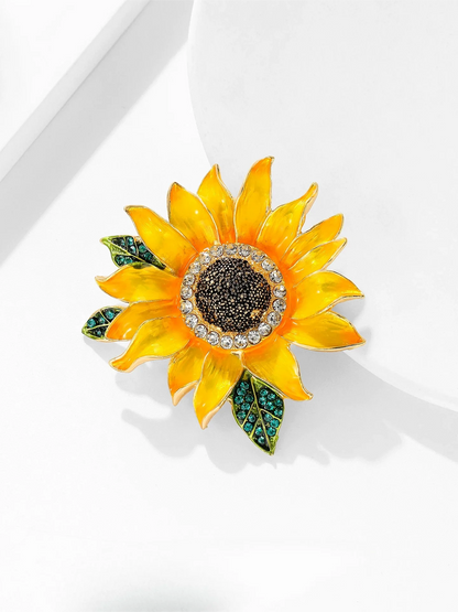 Sunflower Brooch for Women Enamel Rhinestone Flower Pin Elegant Suit Accessory for Wedding Party Gift