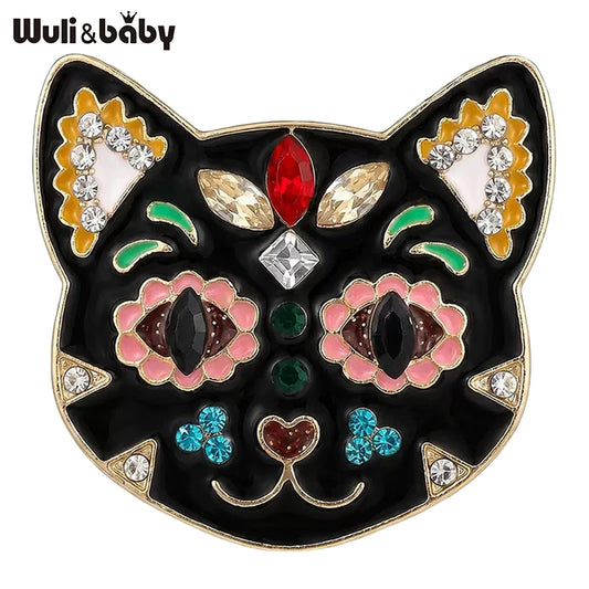 Wuli&baby Flower Cat Head Brooches For Women Unisex Enamel Rhinestone Calavera Cat Animal Party Casual Brooch Pin Gifts