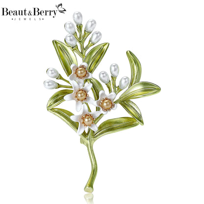 Beaut&Berry Luxury Enamel Jasmine Brooches for Women Unisex Plant Pins Casual Party Jewelry Accessories Gifts Decoration