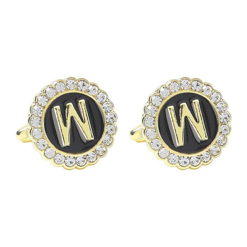 New Round Rhinestone Cufflinks for Men 26 English Letter Cuff Links Button French Business Accessories Gifts