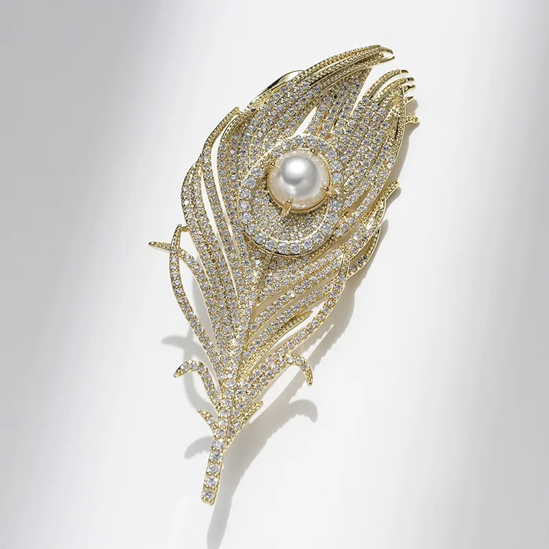 SKEDS Women Men Fashion Exquisite Crystal Feather Pearl Brooch Pin Elegant Classic Lady High-end Badges Accessories Gift