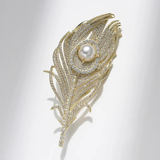 SKEDS Women Men Fashion Exquisite Crystal Feather Pearl Brooch Pin Elegant Classic Lady High-end Badges Accessories Gift