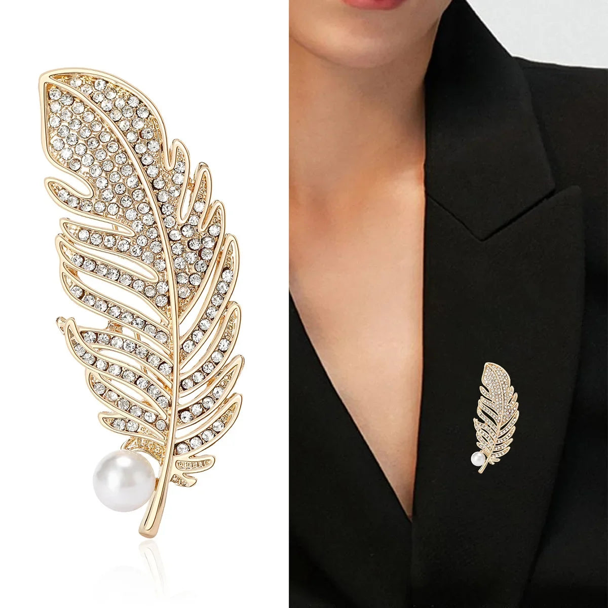 Luxury Crystal Feather Pearl Brooches Metal Suit Pins Fashion Clothing Accessory Jewelry For Women Men Wedding Bridal Party