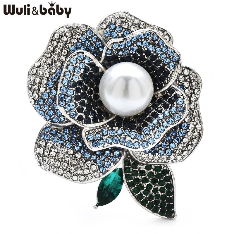 Wuli&baby Beautiful Shining Rose-flower Brooches For Women Lady Pearl 2-color Flowers Party Office Brooch Pins Gifts