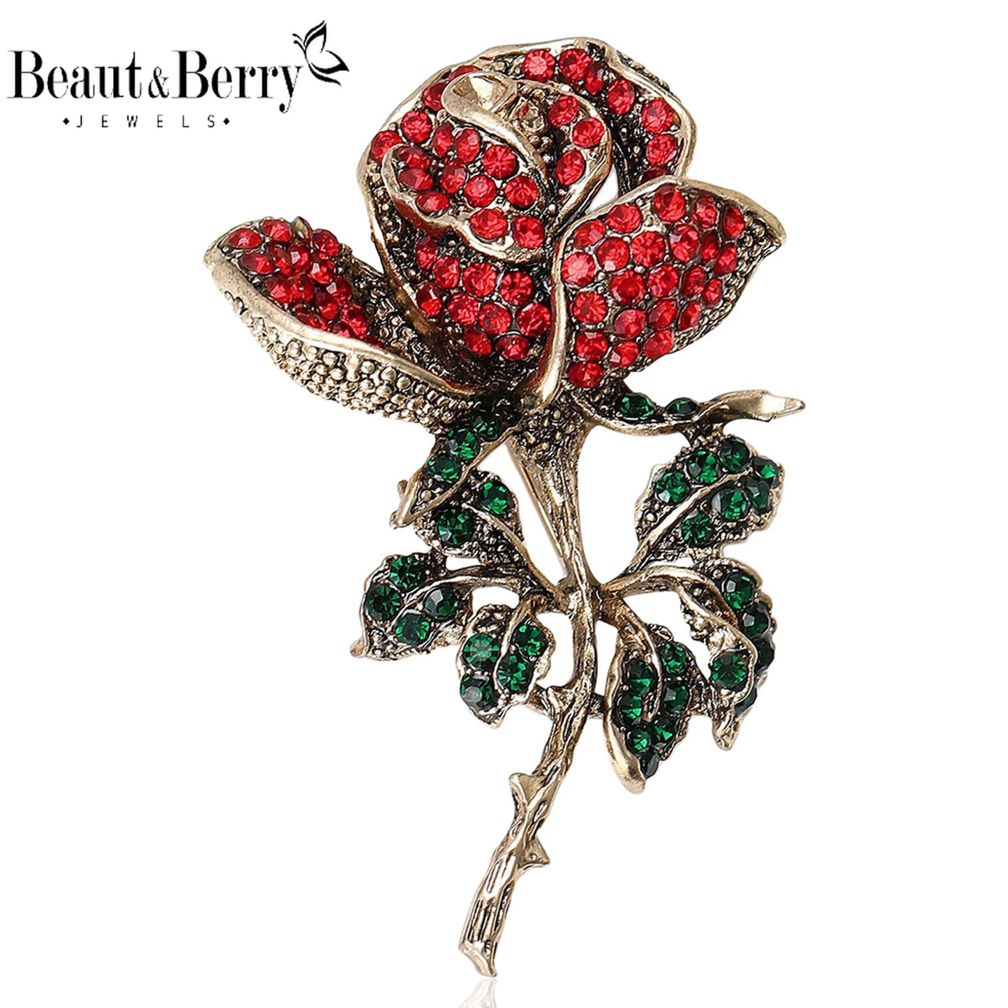 Beaut&Berry Vintage Rhinestone Rose Brooches for Women Enamel Plant Pins Friends Party Gifts Banquet Jewellery Accessories