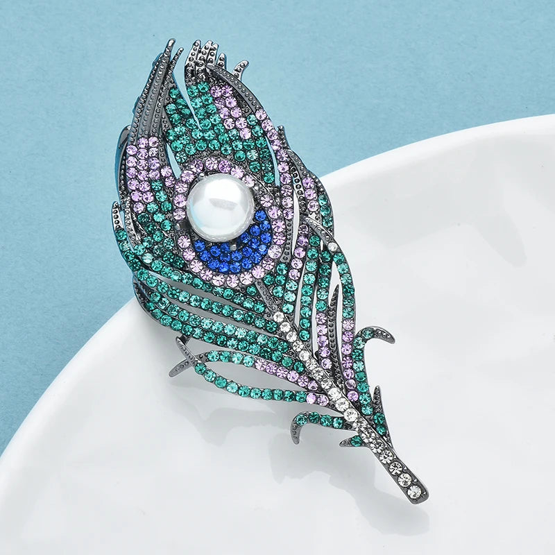 Wuli&baby Luxury Peacock Feather Brooches For Women Unisex Rhinestone Pearl Banquet Party Brooch Pins Gifts