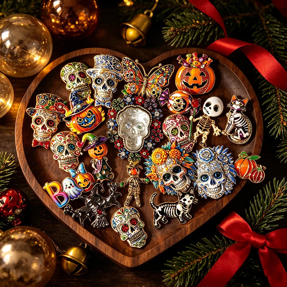 Halloween Sugar Skull Enamel Brooch Gothic Skeleton Pin Pumpkin Ghost Cat Badge for Coat Bag Day of The Dead Jewelry Party Gift