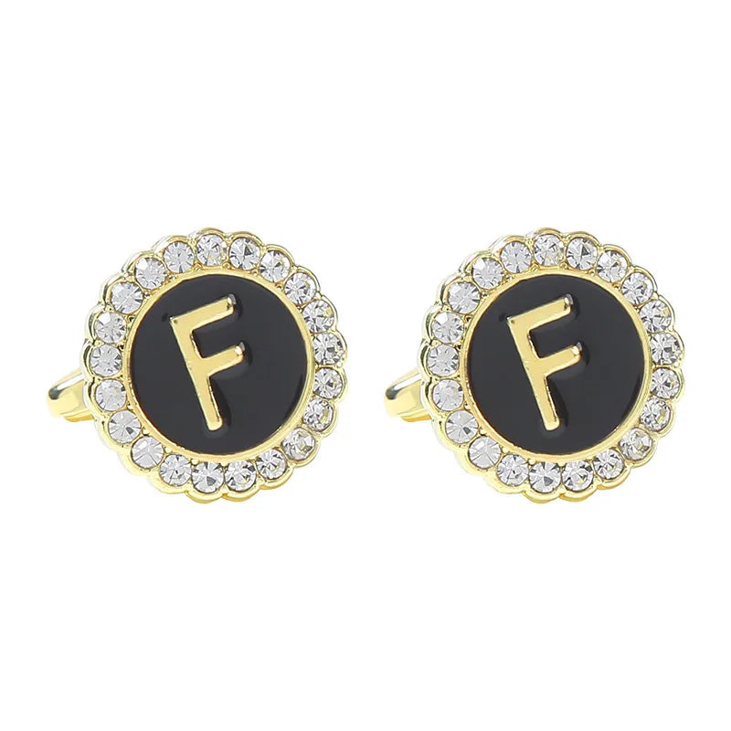 New Round Rhinestone Cufflinks for Men 26 English Letter Cuff Links Button French Business Accessories Gifts