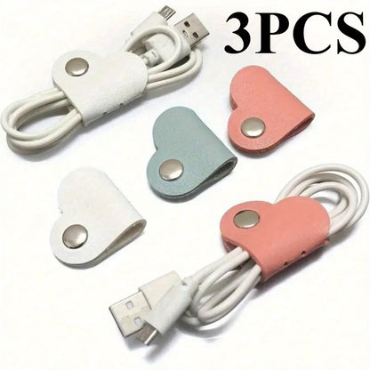 3pcs Heart-Shaped Faux Leather Cable Cord Winder Organizer Cable Management Clips for Headphones