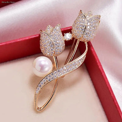 1pc Luxury New Tulip Flower Brooch Elegant Design Sense Rose White Stone Jewelry Collar Pin Jewelry
