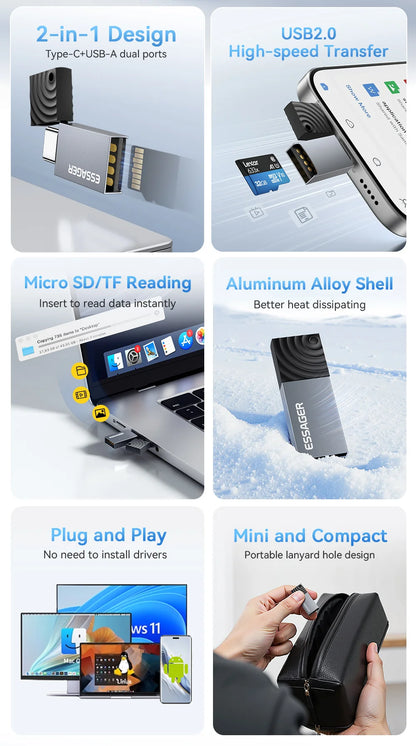Essager 2-in-1 Mini Type C USB2.0 Card Reader Adapter Micro SD TF Memory Card Reader for iPhone 16 15 Pro Huawei Macbook iPad