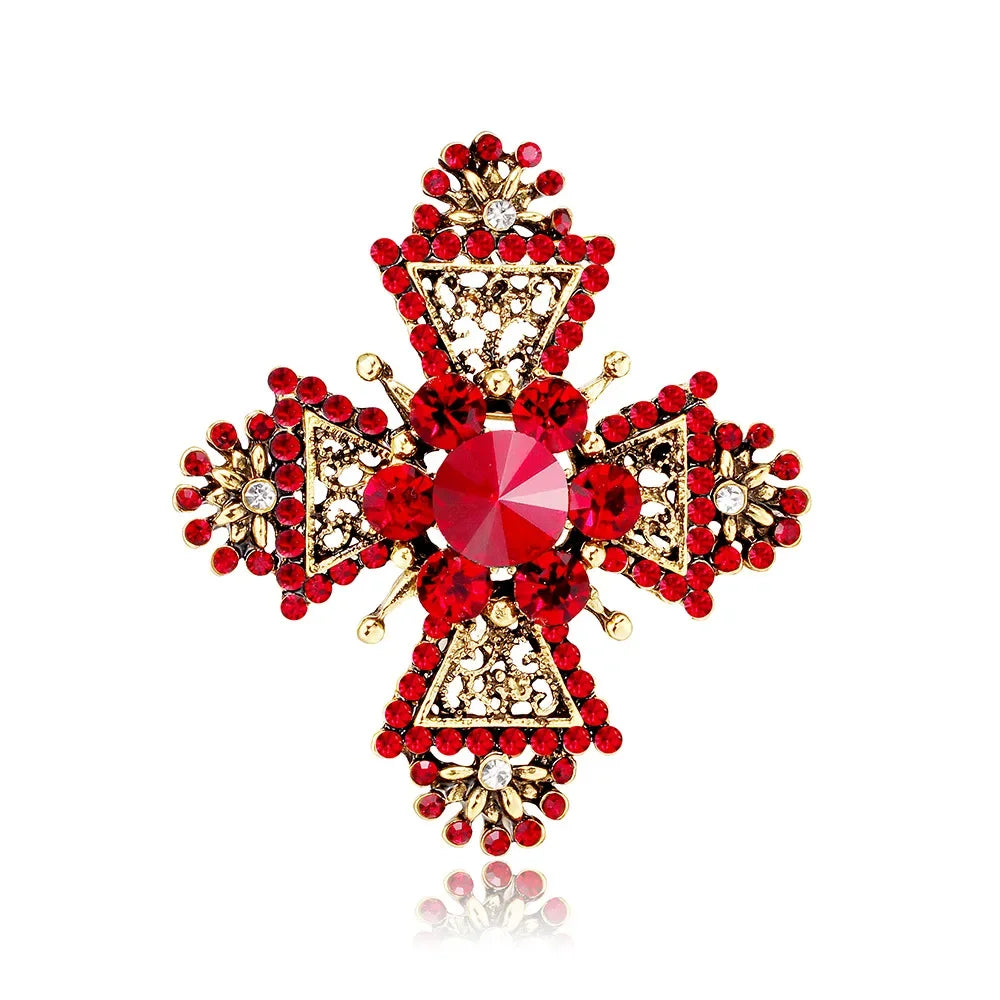 Luxury Vintage Court Cross Brooch Baroque Openwork Shiny Crystal Pearl Pin Men's and Women's Metal Enamel Jewelry Gifts
