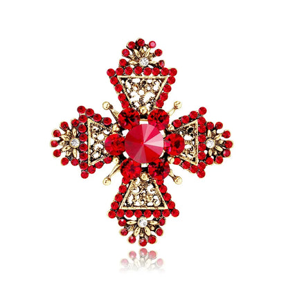 Luxury Vintage Court Cross Brooch Baroque Openwork Shiny Crystal Pearl Pin Men's and Women's Metal Enamel Jewelry Gifts