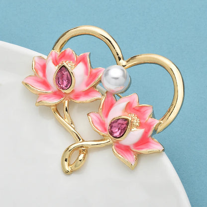 Wuli&baby Enamel Lotus Heart Brooches For Women Lady Pink Flowers Love Office Casual Brooch Pins Gifts
