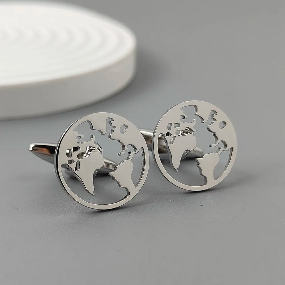 New - 18K gold-plated stainless steel cufflinks: world map globe design, fashion lapel pin, gift for friends