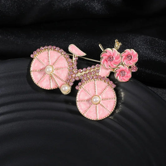 Cartoon Cute Pink Flower Bicycle Brooches For Women Girls Temperament Exquisite Fashion Pins Clothing Accessories Gifts