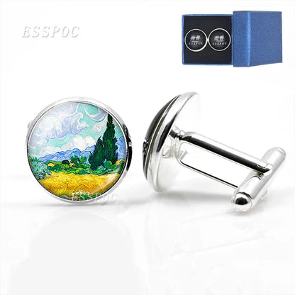 Van Gogh Oil Painting Glass Alloy Cufflinks Starry Night Sunflower Suit Cuff Links Men Shirt Accessories Husband birthday Gift