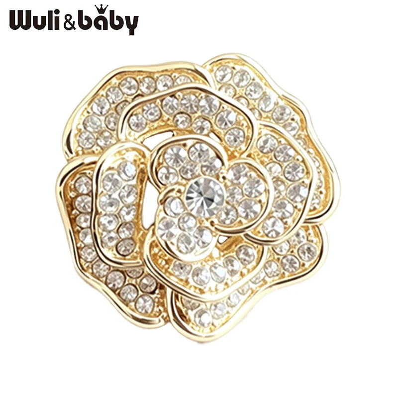 Wuli&baby Elegant Shining Rose-flower Brooches For Women Lady 2-color Rhinestone Flower Summer Collar Brooch Pin Fashion Gifts