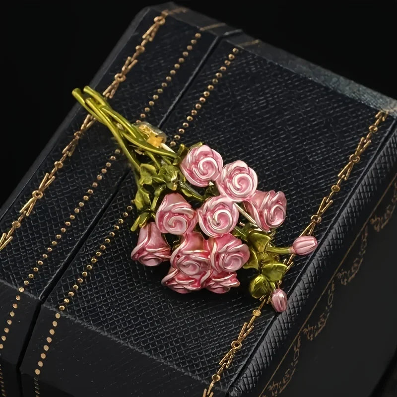 Exquisite Rose Brooch with Pink Petals Paired with Green Leaves Brooches for Women Beautiful Bouquet Plants Party Pins Gifts