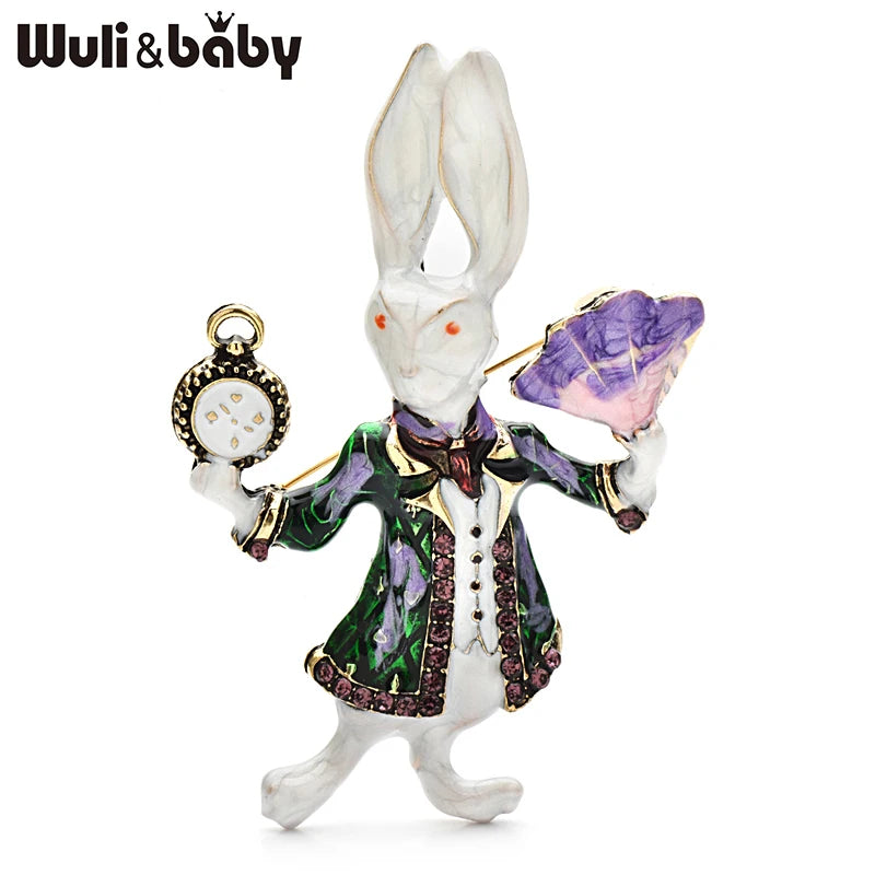 Wuli&baby Funny Rabbit Brooches For Women Unisex 2-color Enamel Holding Clock Fan Act  Rare Bunny Casual Party Brooch Pins Gifts