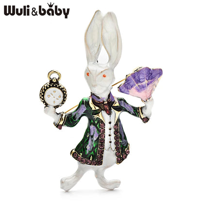 Wuli&baby Funny Rabbit Brooches For Women Unisex 2-color Enamel Holding Clock Fan Act  Rare Bunny Casual Party Brooch Pins Gifts