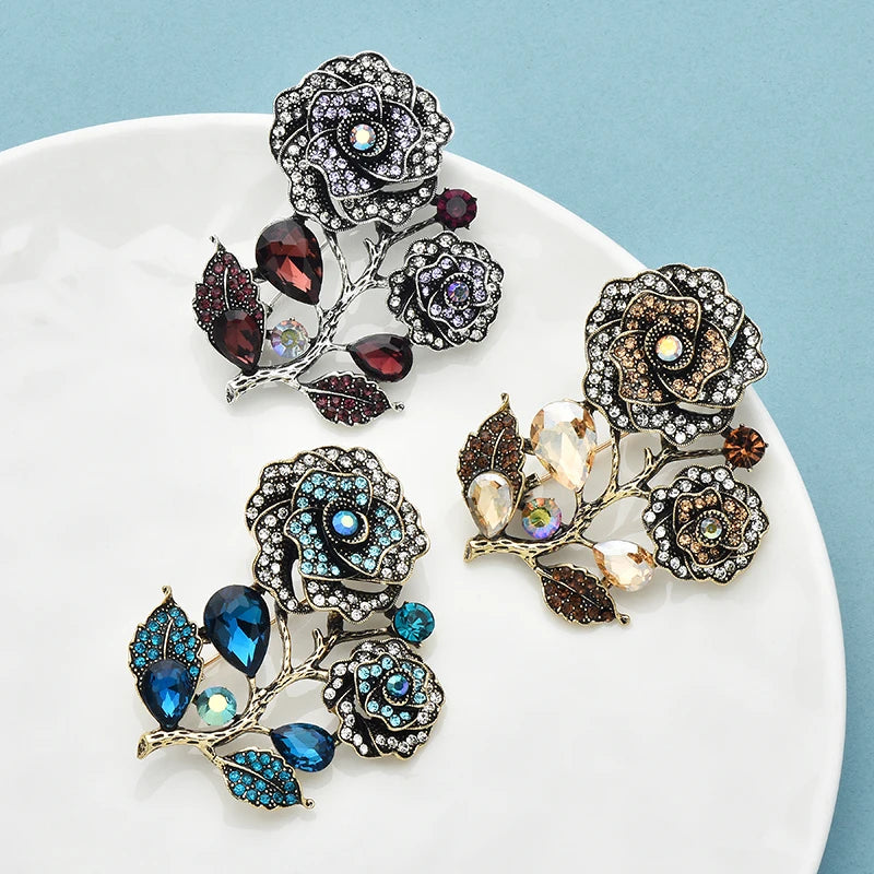 Wuli&baby Retro Elegant Rose-flower Brooch Pins High Quality 3-color Rhinestone Flower For Women Clothes Backpack Pin Badge