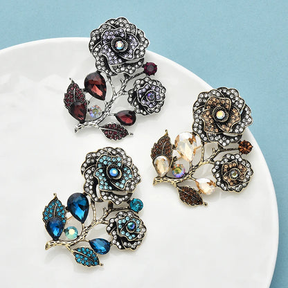 Wuli&baby Retro Elegant Rose-flower Brooch Pins High Quality 3-color Rhinestone Flower For Women Clothes Backpack Pin Badge
