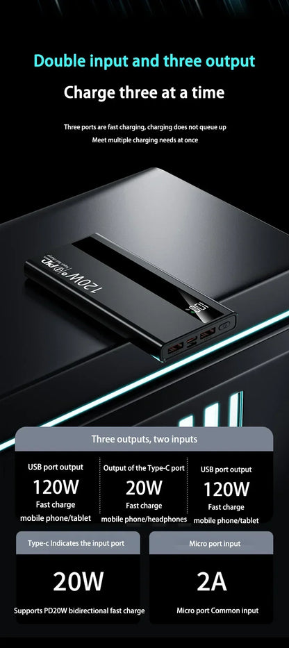 Lenovo 200000mAh Powerbank 120W Super Fast Charging Portable Battery Charger Ultra Capacity LED Digital Display For IPhone