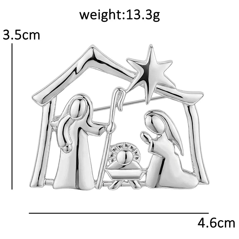 Wuli&baby Metal Nativity Scene Brooches For Women Men 2-color Star House Character Brooch Pins Christmas Gifts